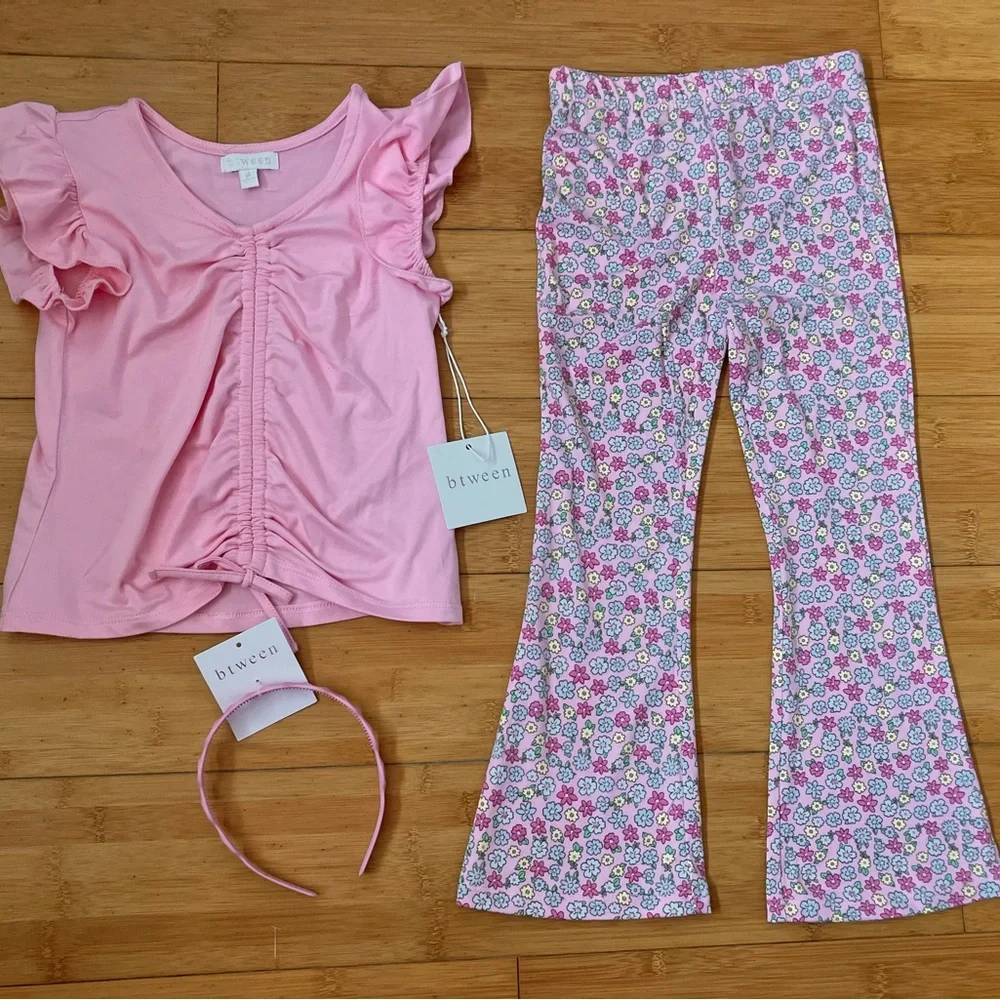 NWT Girls Size 6 Outfit - Pink Ruched Flutter Sleeve Top & Flowers Flare Pants - Picture 2 of 2